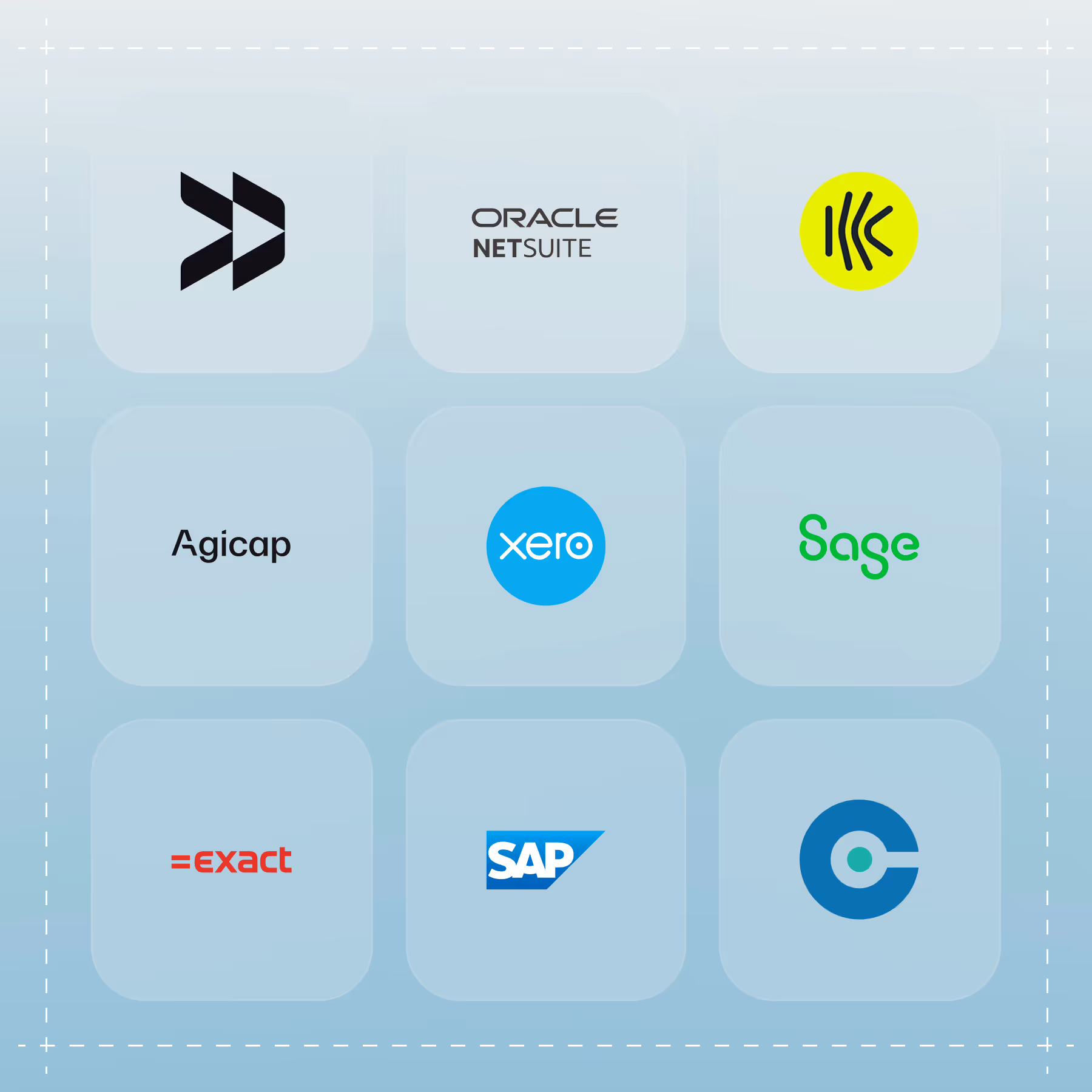 Grid of nine business software logos including Dynamics 365, Oracle NetSuite, QuickBooks, Agicap, Xero, Sage, Exact, SAP, and Clarity.